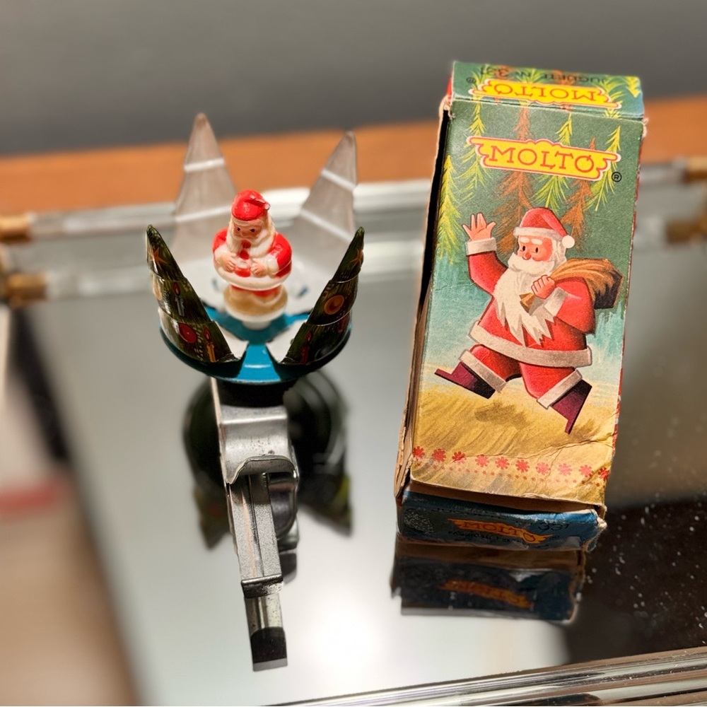 Vintage Motte Santa Christmas Tree Spinner Trigger with Box Tin Toy